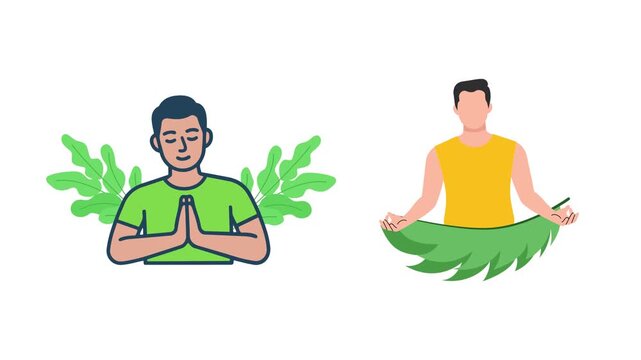 Two People Meditating With Nature Leaves. Meditation Icon concept. Full length Icon animation illustration. High quality&nbsp;4k&nbsp;footage
