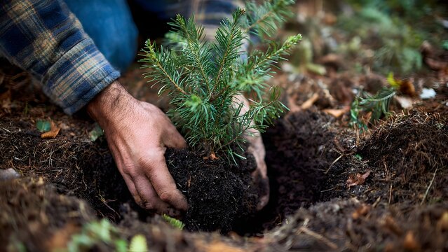 Close-up of a person in white gardening gloves lowering a small conifer root ball wrapped in soil into a freshly dug hole with rich dark moist soil