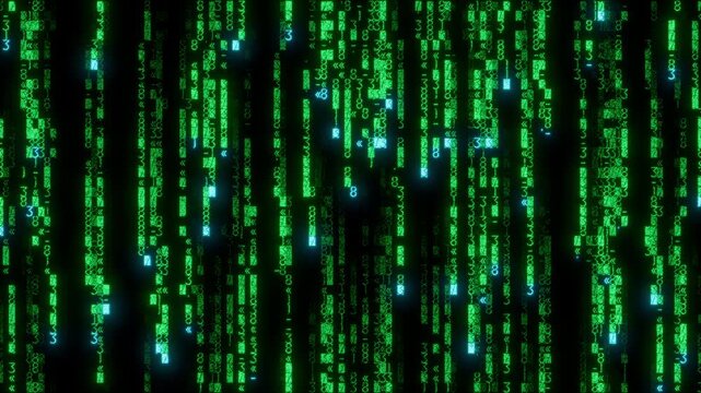 Sci-Fi Grid of Code Cascading Downwards. Green Cryptocurrency Background. Seamless Loop.