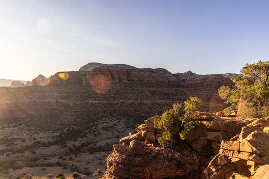 Lens flare on picture of rugged rocky Sedona landscape