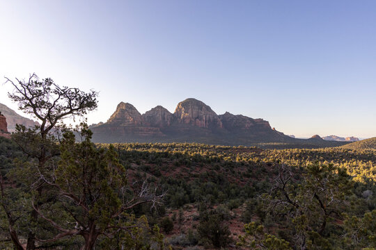 Distant rock formations rising from forested floor