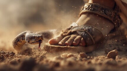 Fototapeta premium Jesus stands near a snake on the ground during a dusty moment in the desert under the sun