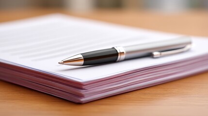 Naklejka premium Professional pen resting on a stack of documents, symbolizing business, meetings, contracts, negotiations, and important paperwork on a wooden desk