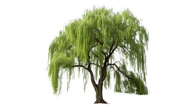 Large green willow tree stands on a white background, showcasing long branches hanging down towards the ground during daylight