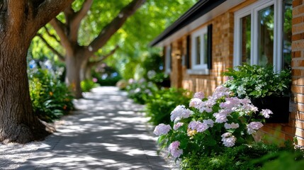 Fototapeta premium Mid-century bungalow row in chicago with lush sidewalk view and blooming garden