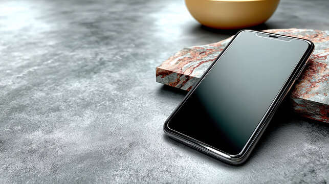 Modern smartphone on textured concrete with stone accents for app presentation and technology banner background