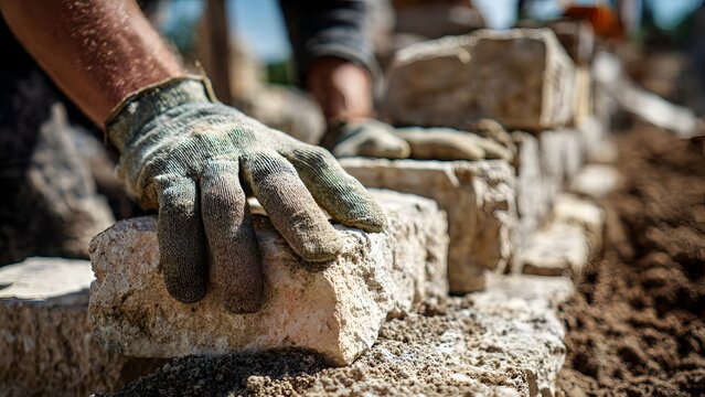 Close‑up of hands in work gloves laying rough limestone blocks on a compacted gravel bed to build a low dry‑stack stone wall under warm daylight