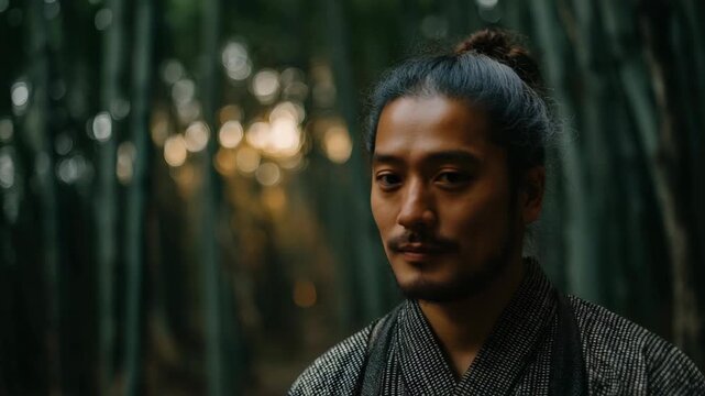 Asin man gazing upward in a serene bamboo forest, capturing a calm and peaceful ethereal landscape that reflects harmony with nature and mindful contemplation.
