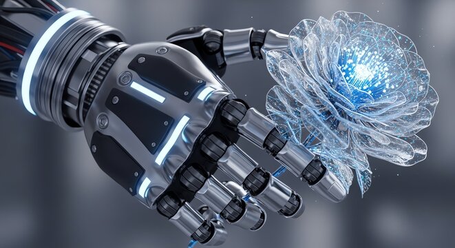 Robotic hand holding glowing flower