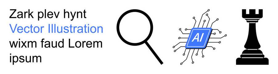 Data analysis, AI technology, strategic planning, research, problem-solving, and innovation. Magnifying glass, AI chip and rook icons in focus. Data analysis and AI technology concept © robu_s