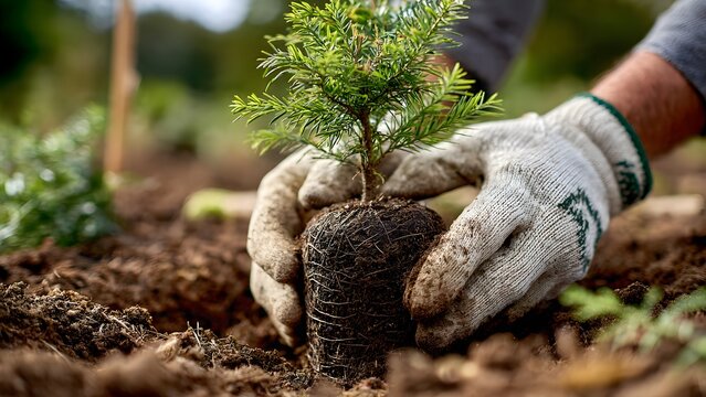 Close‑up of a person in white gardening gloves planting a small conifer root ball wrapped in soil into a freshly dug garden hole with rich dark moist soil