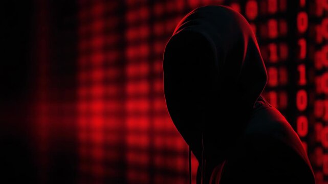 Suspicious man in a hoodie using a laptop in a dark environment, creating a hacker mood that symbolizes cybersecurity threats, cybercrime, and anonymous digital activity.