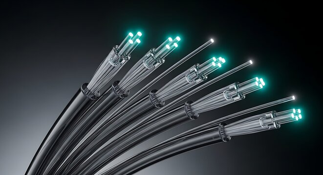 Bundle of fiber optic cables with glowing tips technology transmission connection illumination abstract