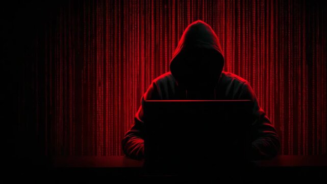 Suspicious man in a hoodie using a laptop in a dark environment, creating a hacker mood that symbolizes cybersecurity threats, cybercrime, and anonymous digital activity.