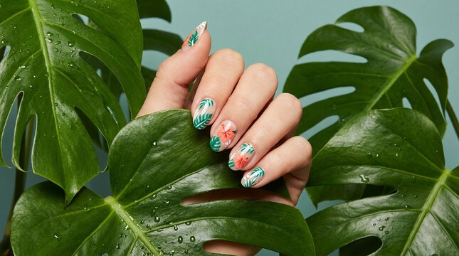 Hand with tropical floral art on nails, among monstera leaves with water droplet, showcasing summer and vacation vibe, representing beauty and freshness