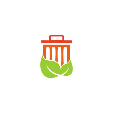 A minimalist vector logo featuring an orange trash bin silhouette with a handle on the lid. Two vibrant green leaves wrap around the base of the bin, symbolizing recycling, sustainability, and environ