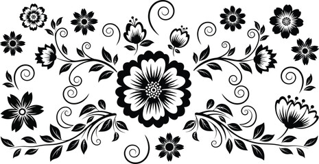 Black and white floral with large central flower and swirling vines © Jui