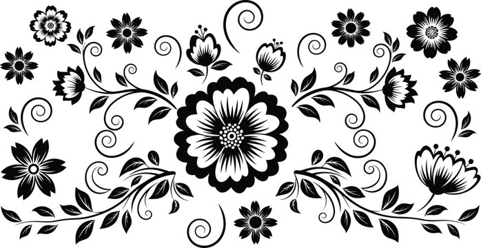 Black and white floral with large central flower and swirling vines