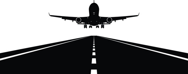 Black silhouette airplane landing on runway © Jui