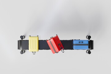 3d baggage carousel icon. travel logistics concept. minimal cartoon suitcase conveyor belt for airport baggage claim. isolated on white transparent background. 3d render. © Theeraphat