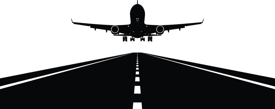 Black silhouette airplane landing on runway
