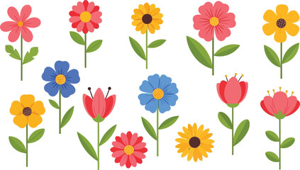Colorful flowers on green stems with leaves on white background cartoon © Jui
