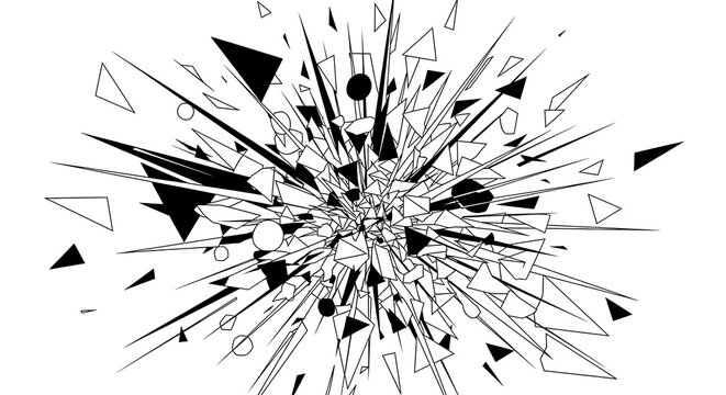 Dynamic abstract monochrome illustration depicting a powerful burst of fragmented geometric shapes, symbolizing impact, chaos, and energetic motion