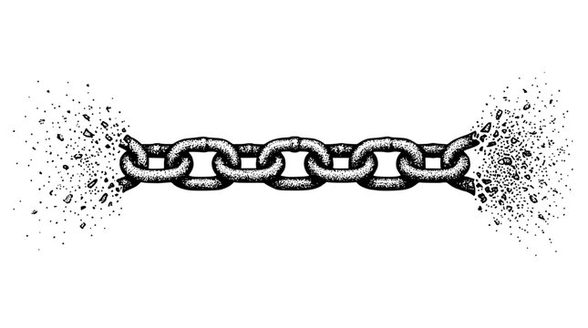 Broken chain link with debris on white background illustration