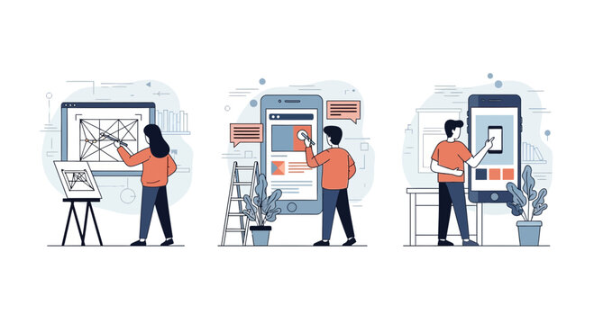 Flat vector illustration showing creative designers working on mobile application user interface wireframe prototype development workflow process kit