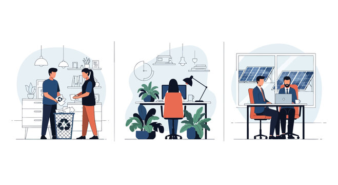 Sustainable eco friendly green office team recycling waste plants solar panels business workplace environment conservation earth