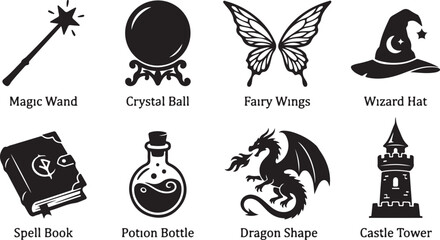 Fantasy icons, magic symbols, witchcraft vector set, mystical signs © 2025