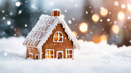 Fototapeta premium Gingerbread house decorated with white icing, sitting in fresh snow with illuminated windows, warm bokeh lights completing a christmas atmosphere