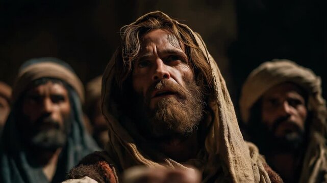 Jesus Christ surrounded by people in an ancient Israel city, depicting a biblical scene of teaching and compassion, symbolizing faith, community, and spiritual guidance.