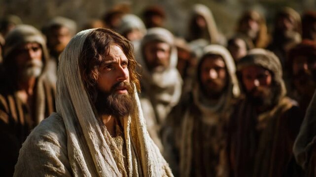 Jesus Christ surrounded by people in an ancient Israel city, depicting a biblical scene of teaching and compassion, symbolizing faith, community, and spiritual guidance.