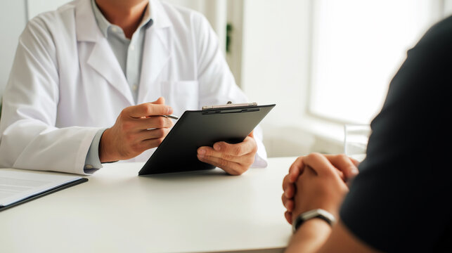 Doctor or nutritionist consulting a patient, writing notes on a clipboard during a medical checkup, focusing on health advice