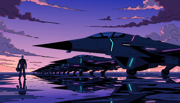 A vector graphic illustration of a man walking towards a row of fighter jets at sunset