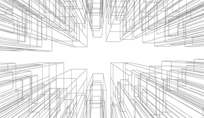 An abstract architectural rendering depicts a futuristic cityscape constructed from intersecting lines creating a dynamic view with a striking silhouette high quality professional detailed © ARSM D