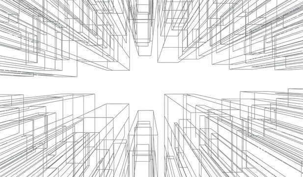 An abstract architectural rendering depicts a futuristic cityscape constructed from intersecting lines creating a dynamic view with a striking silhouette high quality professional detailed