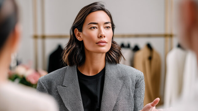Personal stylist consultant presenting fashion collection client boutique, style advice. Professional assistant showing clothing selection, wardrobe consultation, luxury shopping service concept.