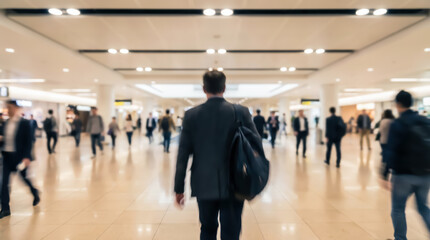 Fototapeta premium Businessman walking through busy airport terminal with blurred motion of people around him