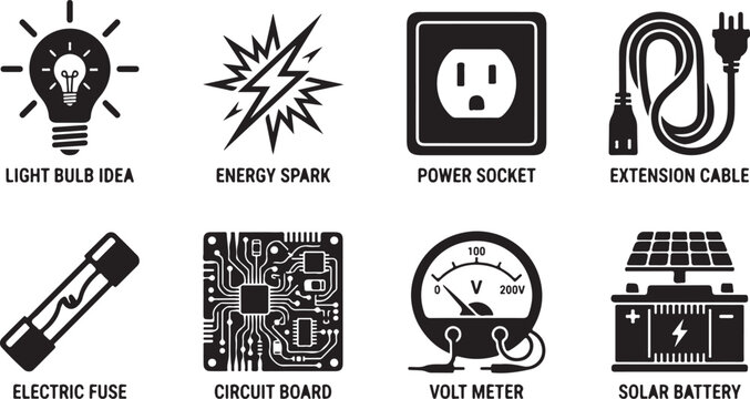 Electricity icons, power symbols, energy signs, circuit elements, solar battery