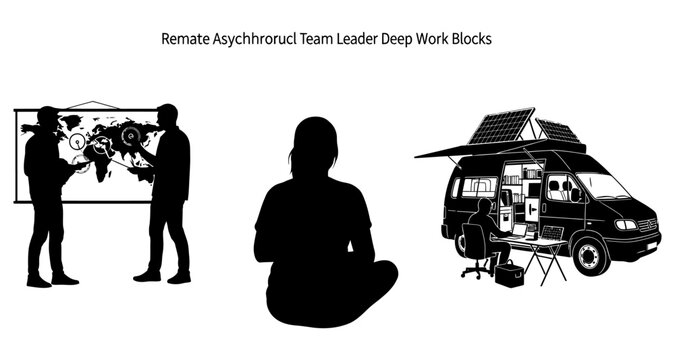 Remote team leader planning on world map and working in van silhouette