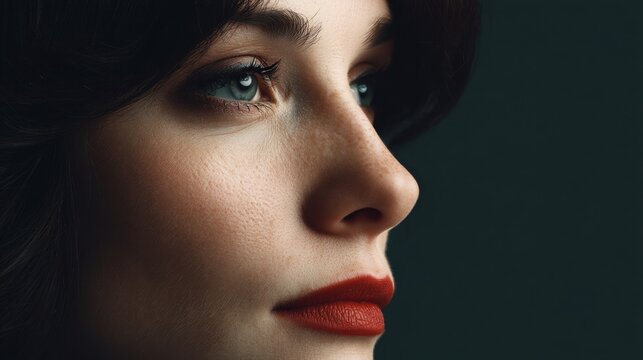 Portrait of a young woman with striking features and bold red lips against a dark background, showcasing natural beauty and elegance in profile view