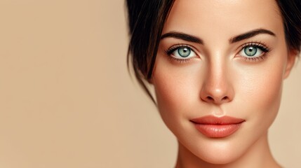 Fototapeta premium Young woman with beautiful blue eyes and flawless skin showcasing natural beauty against a soft, neutral background for beauty and skincare themes