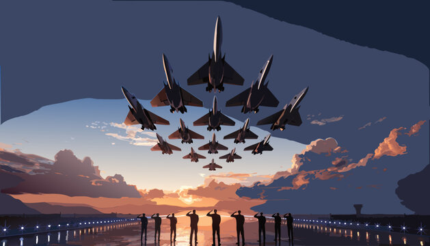 A group of people watching a formation of fighter jets flying in the sky at sunset