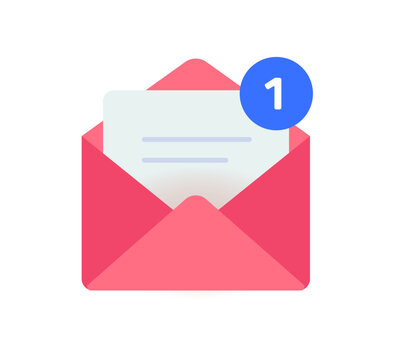 New email mail message letter notification notice in inbox badge icon modern vector graphic illustration, minimal open envelope with text document received and circle alert image clip art
