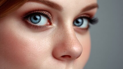Fototapeta premium Close-up Portrait of Young Woman with Blue Eyes and Flawless Skin Showcasing Natural Beauty and Careful Makeup in Natural Light Setting