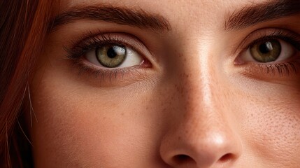 Fototapeta premium Close-Up Portrait of a Young Woman with Stunning Green Eyes and Freckles, Exuding Natural Beauty and Confidence in Soft Lighting
