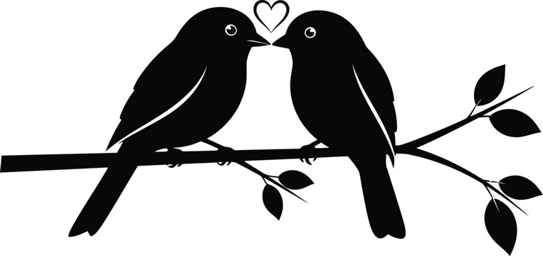 Black silhouettes of two birds on a branch with a heart leaves