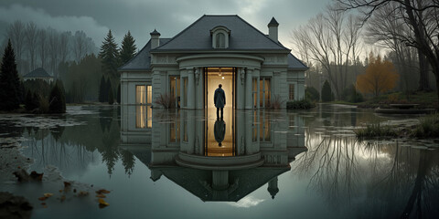 Fototapeta premium Quiet figure in shadowed doorway. Dusky landscape with solitary watcher standing proudly
